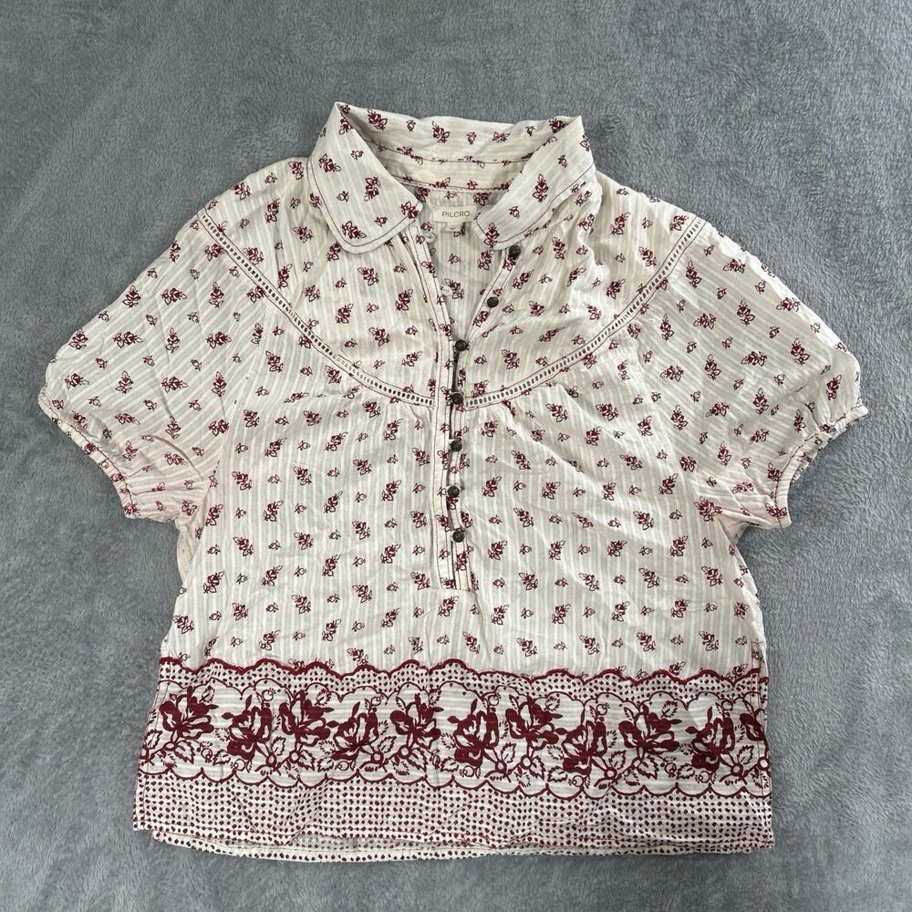 Pilcro Puff Sleeve Collared Popover Blouse Womens Medium Ivory Red Anthro Top